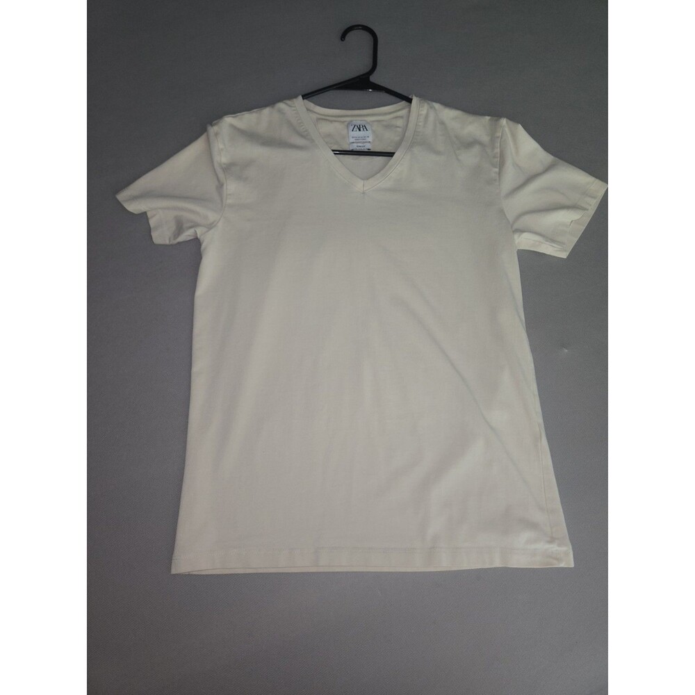 Zara Slim Fit Cream V-Neck T-Shirt Size M Off-White Men Casual Top Length 25 W18
